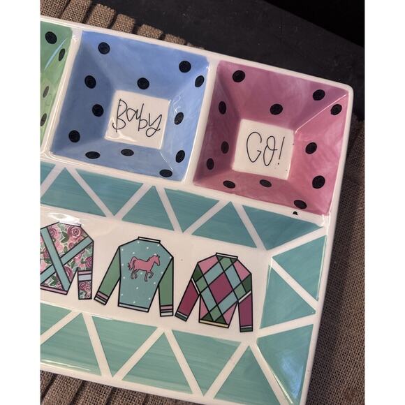 Magnolia Lane "Go Baby Go" Pink Green Preppy Sweater Platter Trinket Tray - Picture 3 of 4